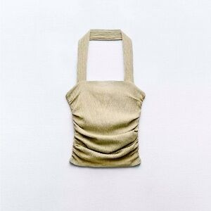 Green Ribbed Ruched Sleeveless Tank Top